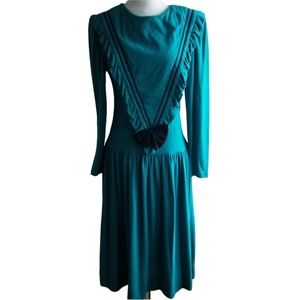 1980s Wiz Teal & Black Cotton/Poly‎ Blend Dress